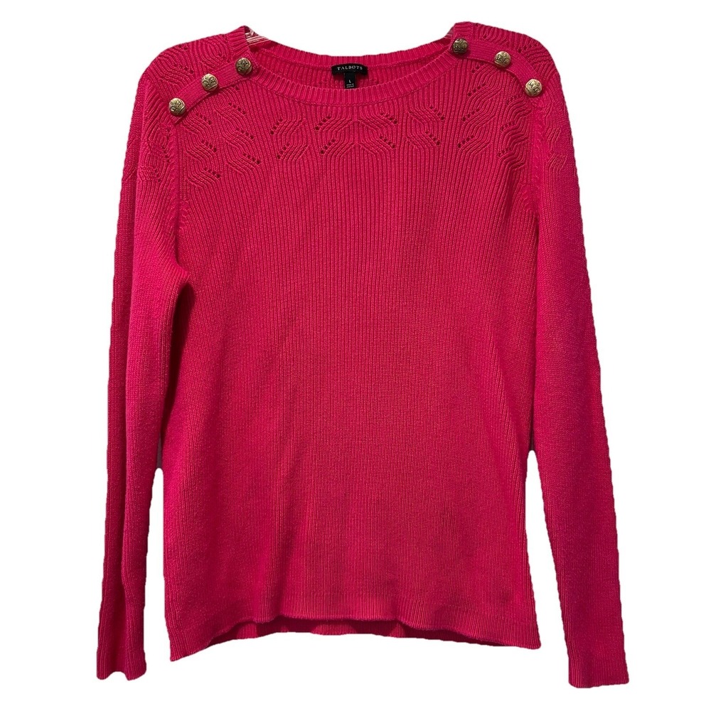 TALBOTS Women Sweater Size L‎ Pink Crew Neck Long Sleeve Button Knit Preppy